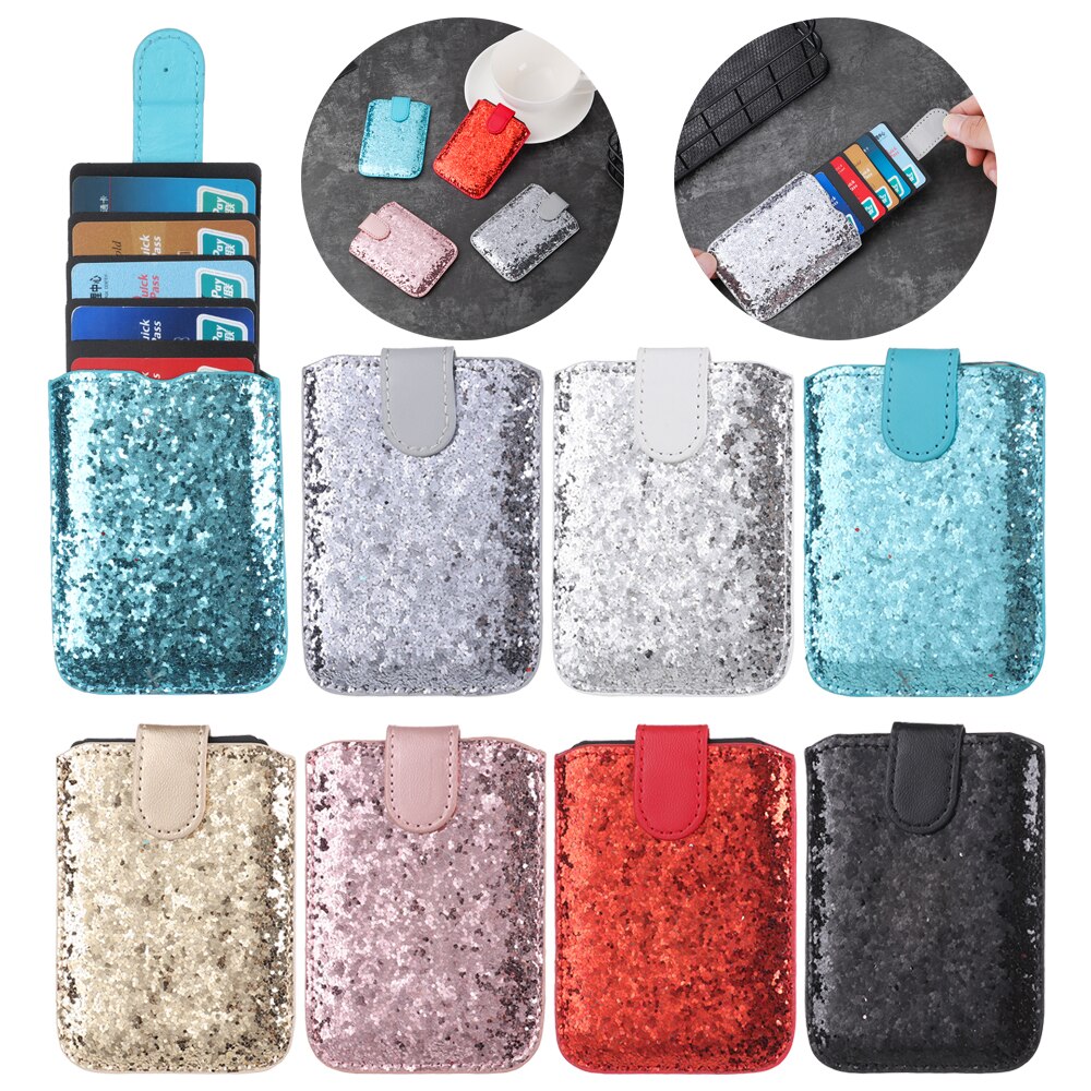 Porte-cartes de crédit à paillettes, blocage RFID, 5 manches de carte, autocollant, étui de portefeuille universel pour téléphone portable, 1 pièce