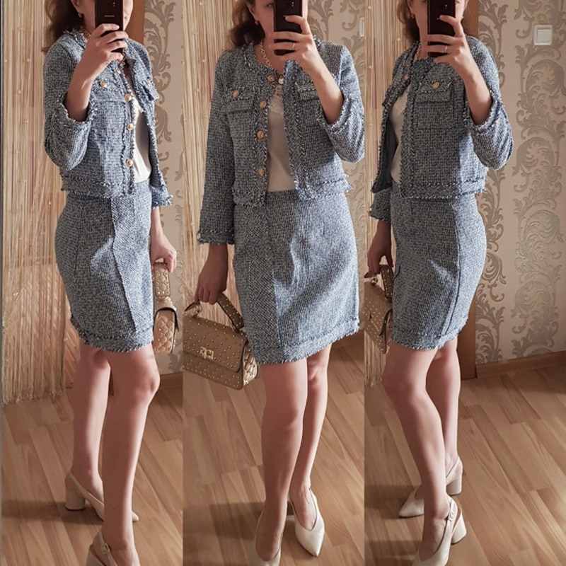 Tweed Set Suit Autumn Winter Runway Women's Single Breasted Short Jacket Coat + High Waist Tassels Bodycon Mini Skirt Set