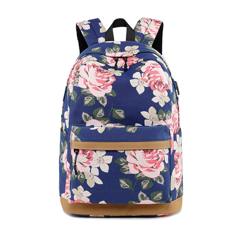 Toevallige Waterdichte Vrouwen Rugzak Bloem Afdrukken Meisjes College Laptop Bookbags Lady Reizen Bagpack Mochilas: deep blue