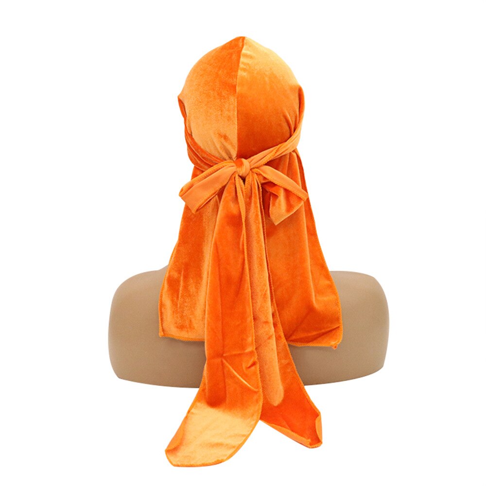Durag en velours pour hommes et femmes, chapeaux Bandana, solide, enveloppe de tête, extensible, longue queue, chapeaux de Pirate Jordan, Turban Du chiffon: orange