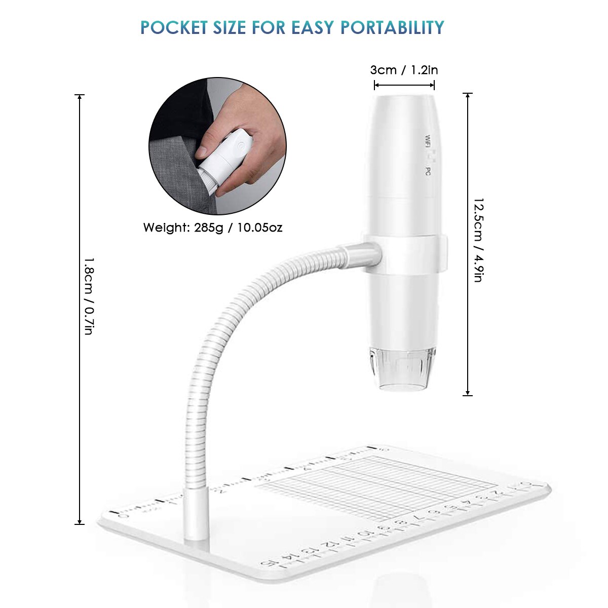 Microscope numérique WiFi sans fil USB 1080P, Microscope Portable avec support de bras et câble USB 50x1000x réglable