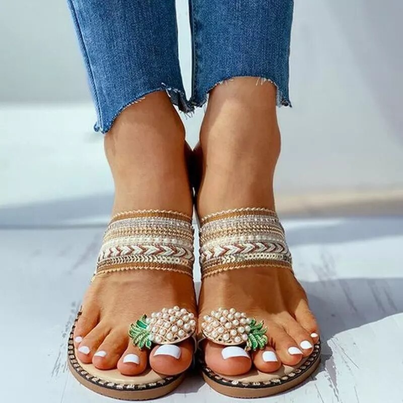 Tongs d&#39;été pour femmes, nouvelles pantoufles plates, style bohème, chaussures de plage en cristal d&#39;ananas, pantoufles à la pour dames: 35