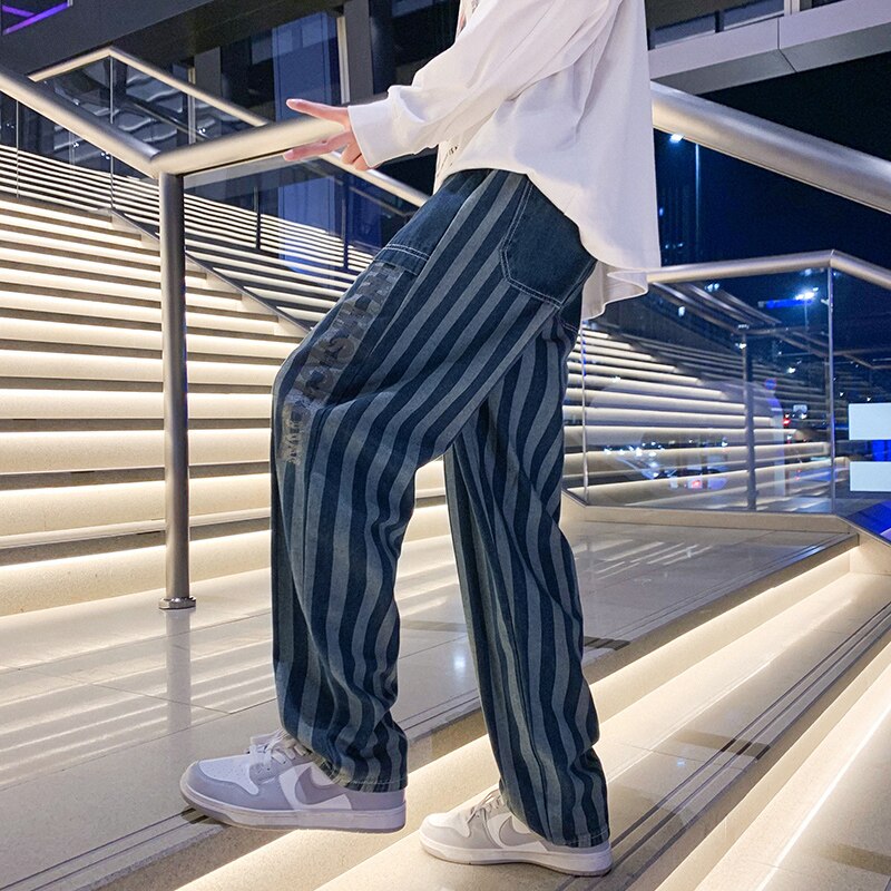 Men's Blue Striped Baggy Jeans 2022 Spring Korean Y2k Style Denim Straight Wide Leg Pants Male Branded Trousers: Asia 5XL