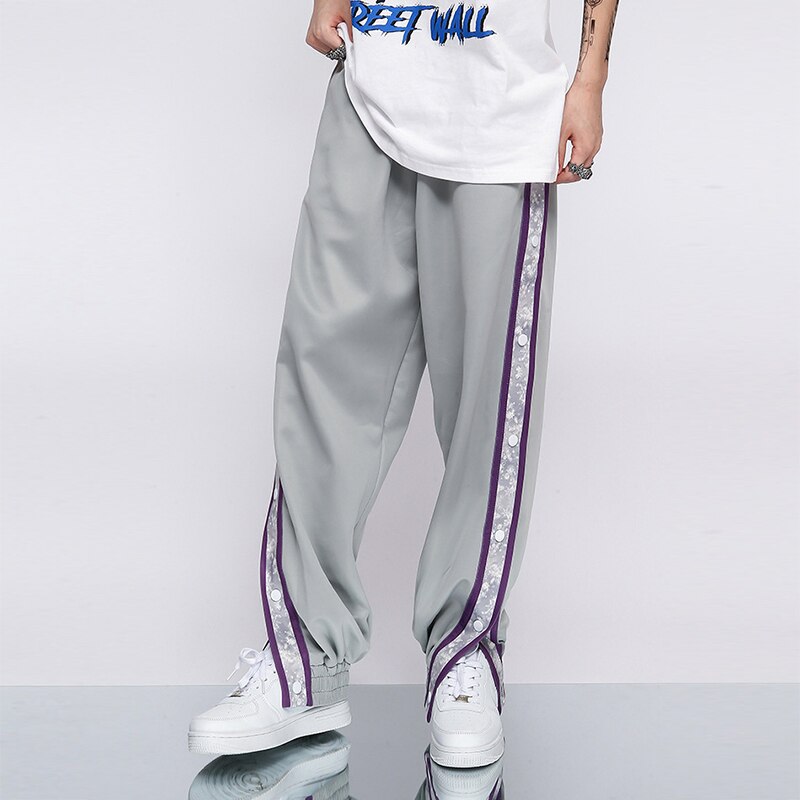 Pantalon de jogging taille moyenne pour homme, pantalon de basket-ball, pleine longueur, rayures noires, fendu, Street Hip Hop, survêtement avec boutons latéraux