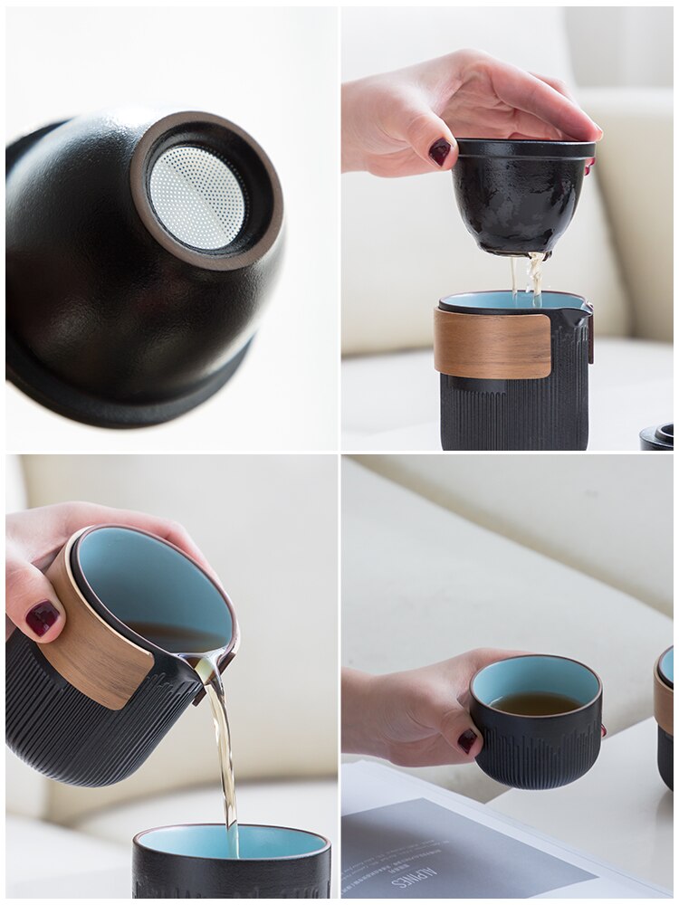 Tangpin svart servise keramiske tekanner med 3 kopper bærbar reise te sett drinkware