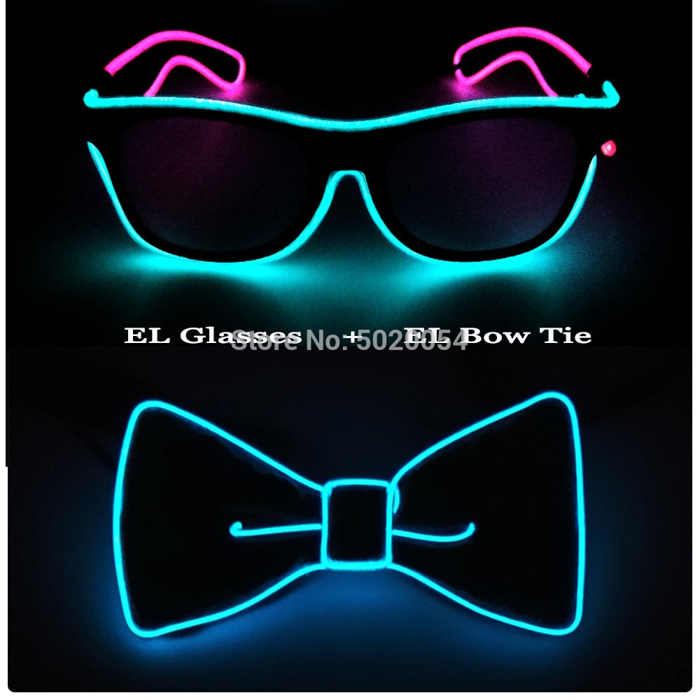 Juego de pajarita brillante con gafas EL combinadas de colores dobles para iluminar los lazos de los hombres gafas de sol luminosas Led brillantes para Halloween