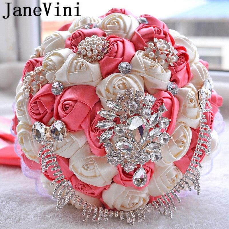 JaneVini Flores Boda Royal Blue Wedding Bridal Bouquet Luxury Crystal Beaded Bride Flower Bouquet Sposa Rhinestones Satin Brooch