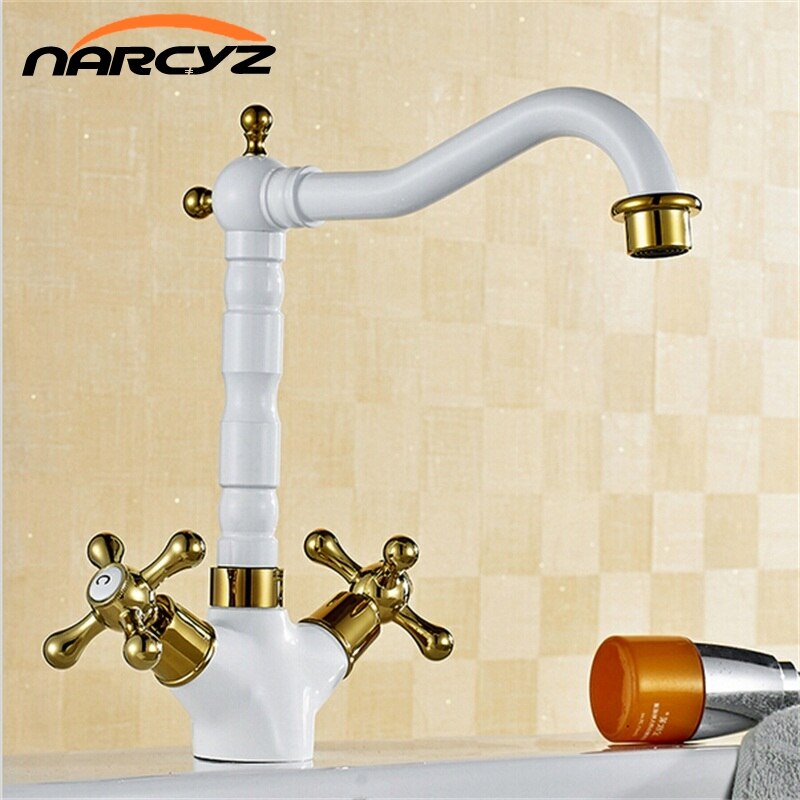 Bianco e oro doppio oro maniglia a leva contralto lungo bocca bacino del rubinetto della cucina 7306 W