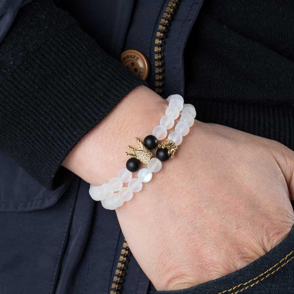 Couples Natural Stone Beaded Bracelet King Crown Shaped Round Cubic Zircon Charm Bracelet Lovers' Jewelry for Man Women