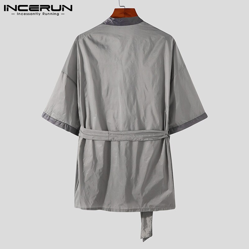 Men Sleep Tops Patchwork Pyjamas Short Sleeve Open Stitch Homewear Leisure Sleepwear Cozy Men Nightwear With Belt S-5XL INCERUN