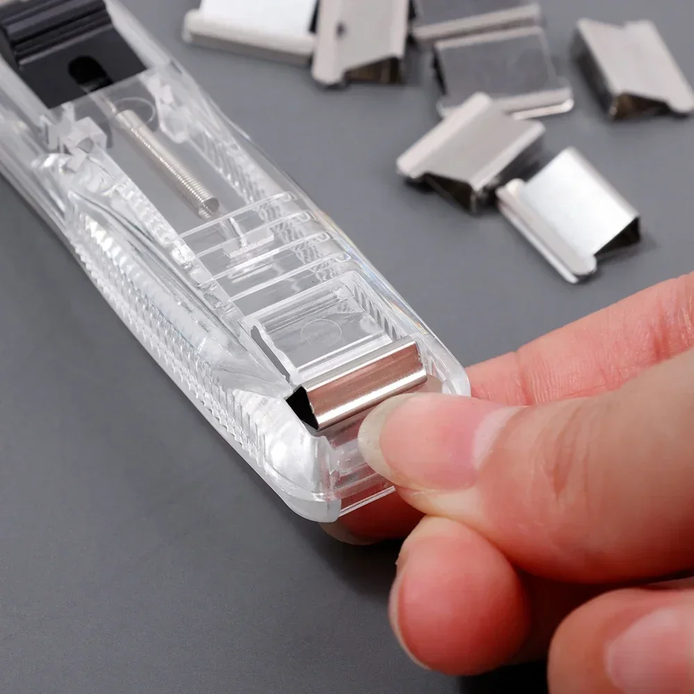 Staple Metal Clip Push Hand Paper Clipper with Refill Fixing Organizing Stapler Reusable Push Clamp for Document File Stationery