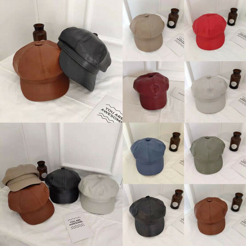Chapeau béret en cuir pour femme | Automne, hiver chapeaux octogonaux, casquette plate, casquette chaude solide pour femme