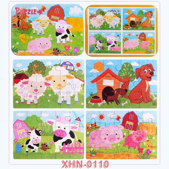 4 sztuk/pudło nowe cztery w jednym drewniane Puzzle zabawka dla dzieci zwierzęta/pojazd poznanie nauka zabawki edukacyjne dla dzieci MG-H01: XHN-0110