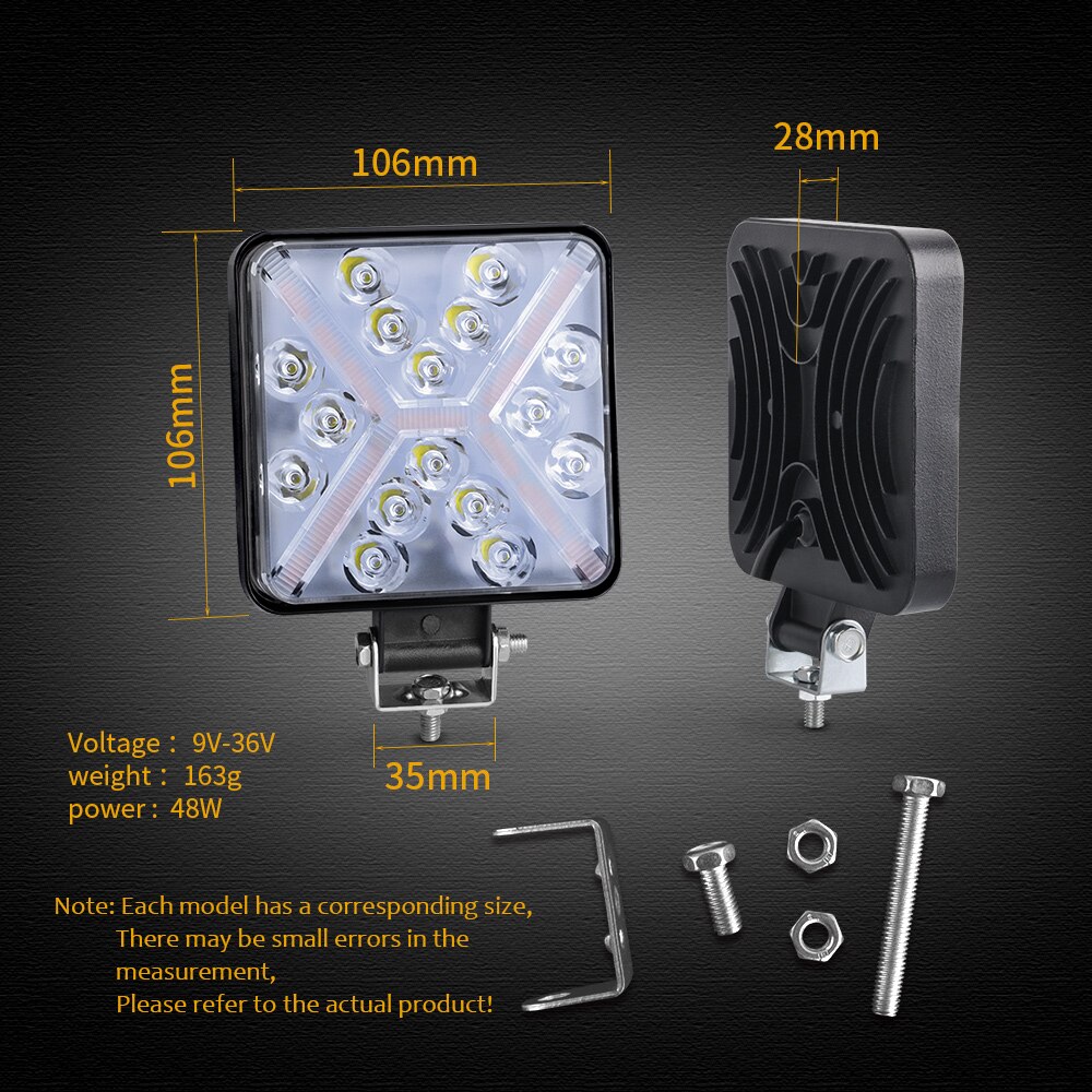 Led Work Light Bar 48W 16 barra Square Round Spotlight DRL Car Light For 4x4 led bar offroad SUV ATV Truck Excavator White Amber