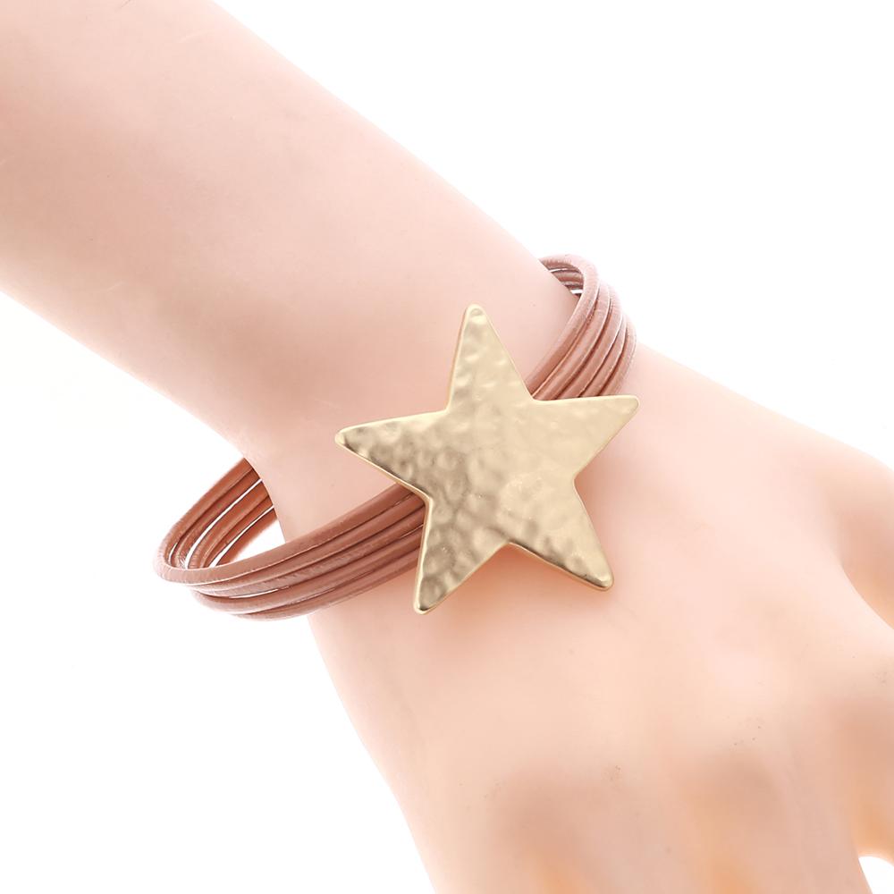 Legierung Stern Magnet Taste Multilayer Leder Charm Armreif 3 Farben Gold Silber Armreifen Für Frauen