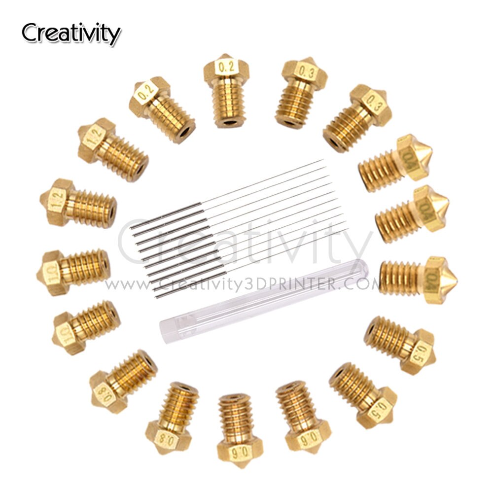 Juego de boquilla MK8 V6 de latón para limpieza, extrusora de latón M6, boquilla de 0,2, 0,3, 0,4, 0,5, 0,6, 0,8, 1,0mm, compatible con impresora 3D de 1,2mm, 24 Uds.