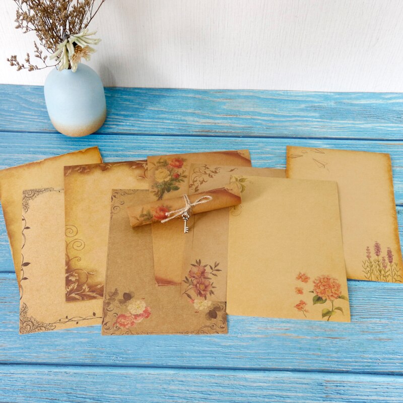 16sheets Vintage Flower Kraft Letter Paper Brown Craft Writing Paper Stationery Letter Pad Office Supplies