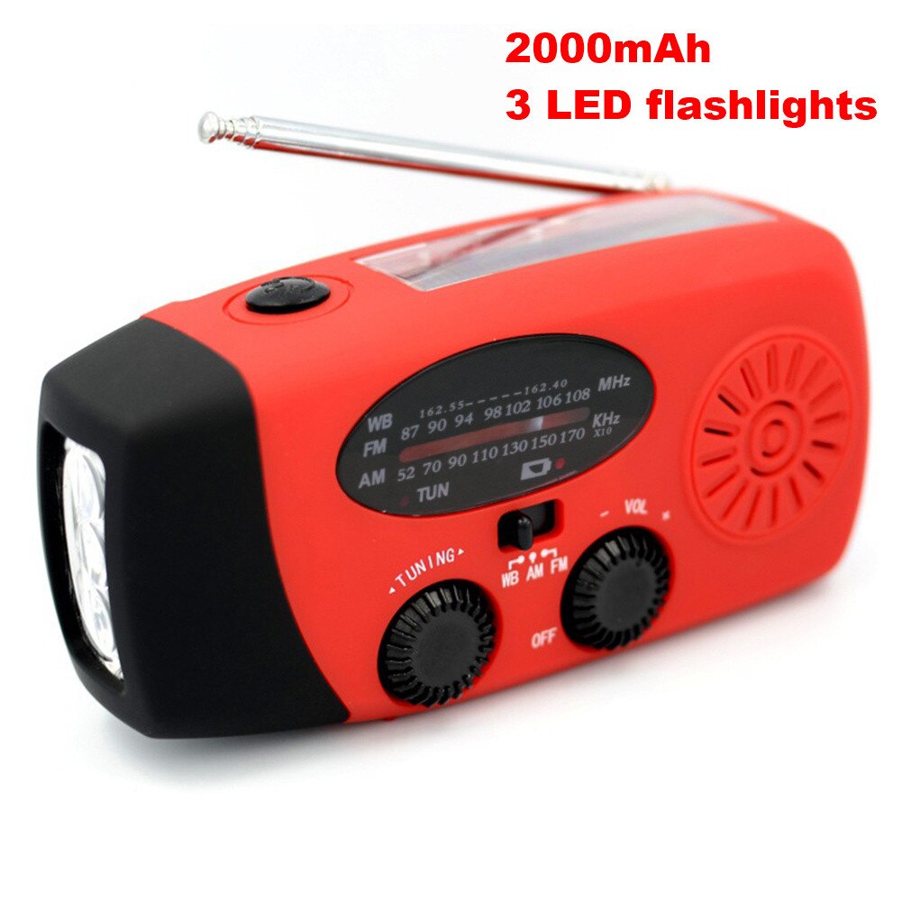 USB Charging Emergency Hand Crank Multifunctional Radio Solar 1/3 LED Flashlights FM AM WB NOAA Weather Radio 1000 mAh/2000 mAh: Red