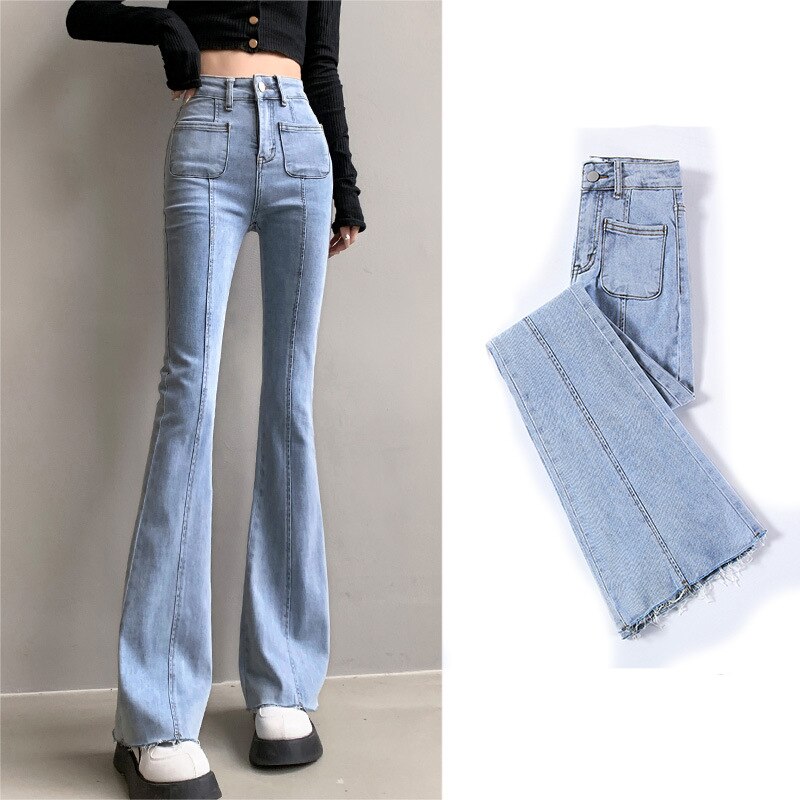 Blue Bell Bottom Jeans Women Personality Pocket Patchwork High Waist Wide Leg Jeans Y2k Stretch Skinny Denim Flare Pants