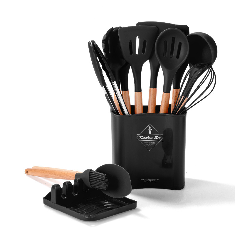 13Pcs Kitchen Silicone Cooking Utensils Set Wooden Handle Silicone Spatula Spoon Nonstick Kitchen Cooking Tools With Storage Box: Black