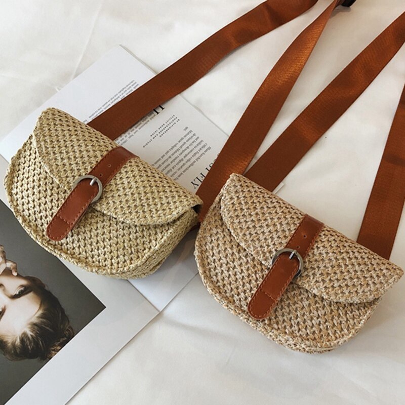 2x Women Straw Waist Chest Bag Fanny Bag Small Beach Bag Female Shoulder Messenger Bags(Pink Brown&Light Brown)