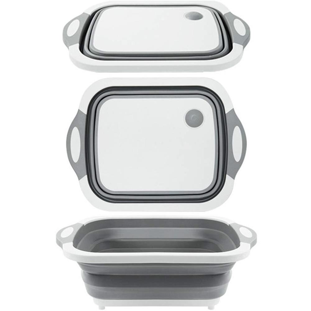 3 in 1 Collapsible Chopping Block Foldable Cutting Board Kitchen Silicone Cutting Board Fruit Washing Basket With Draining Plug: GRAY