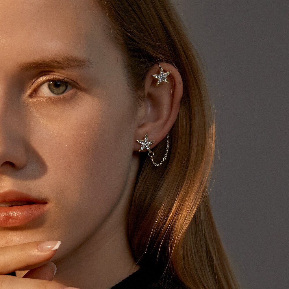 Puck Rock – boucles d'oreilles étoile en cristal pour femmes, manchette à un côté, Vintage, doré, de noël, de saint-valentin