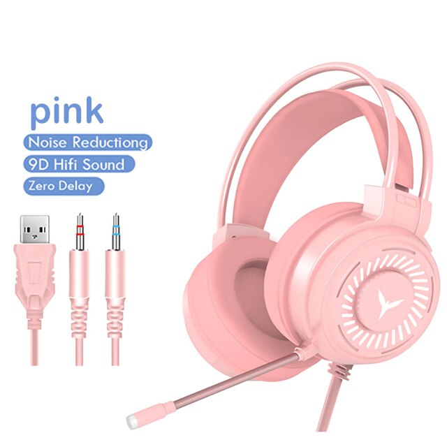 Gaming Headsets USB 3.5 Gamer Headphones Surround Sound Stereo Wired Earphones Microphone Colourful Light PC Laptop Game Headset: Pink