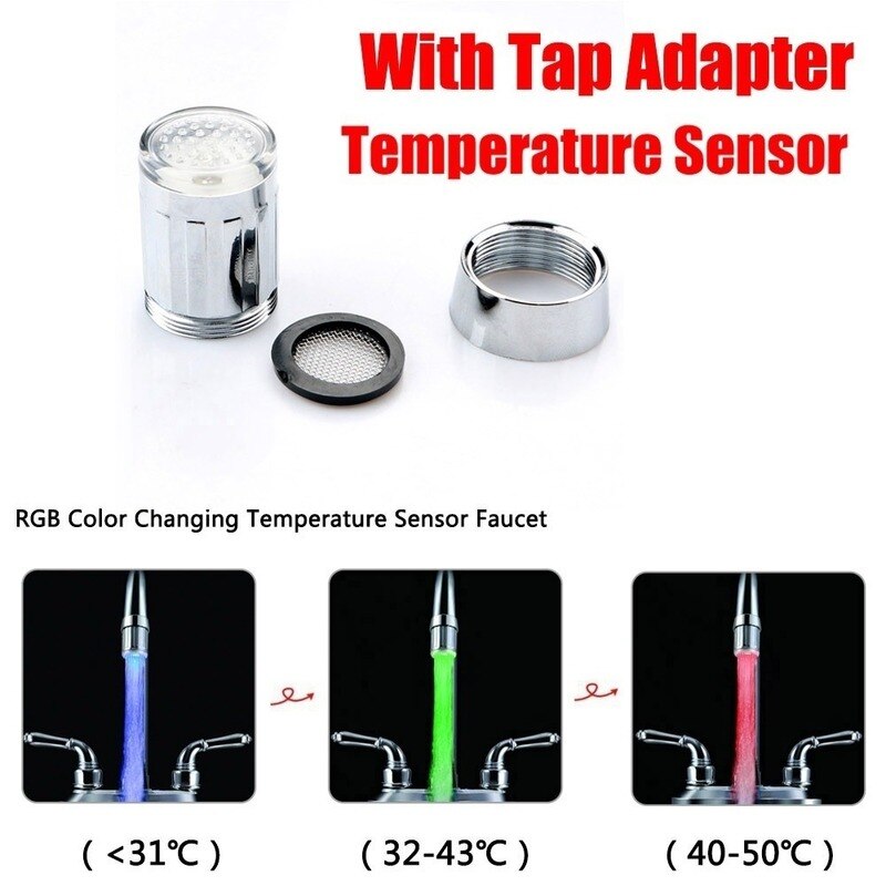 7 färg vattenkran glöd dusch led kran ljus munstycke kök kran huvud med temperatur sensor led färgglad glöd kran ljus