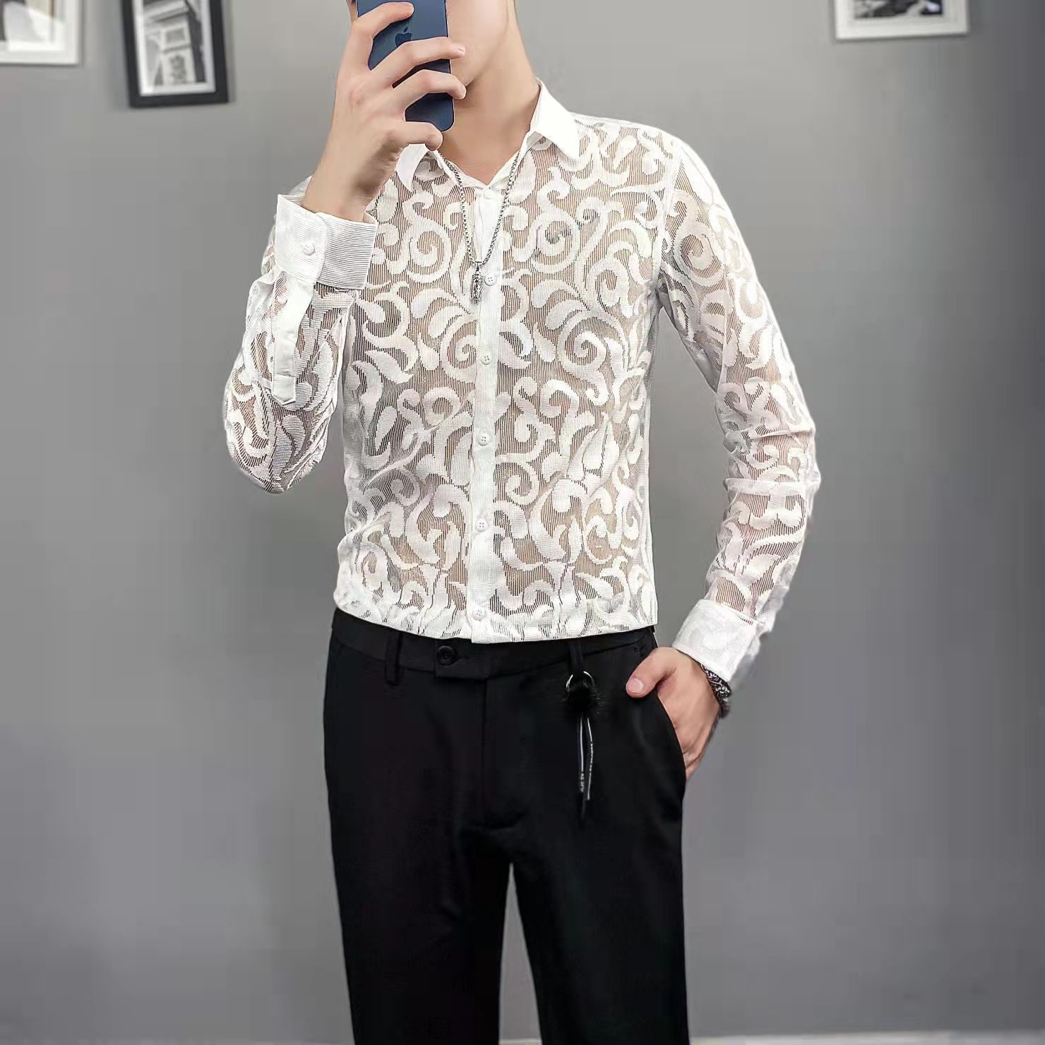 Clear Transparent Men Shirt Black White Long Sleeve Lace Mesh Wear Chic Stylish Male Summer Top Clothing: white / XXXL