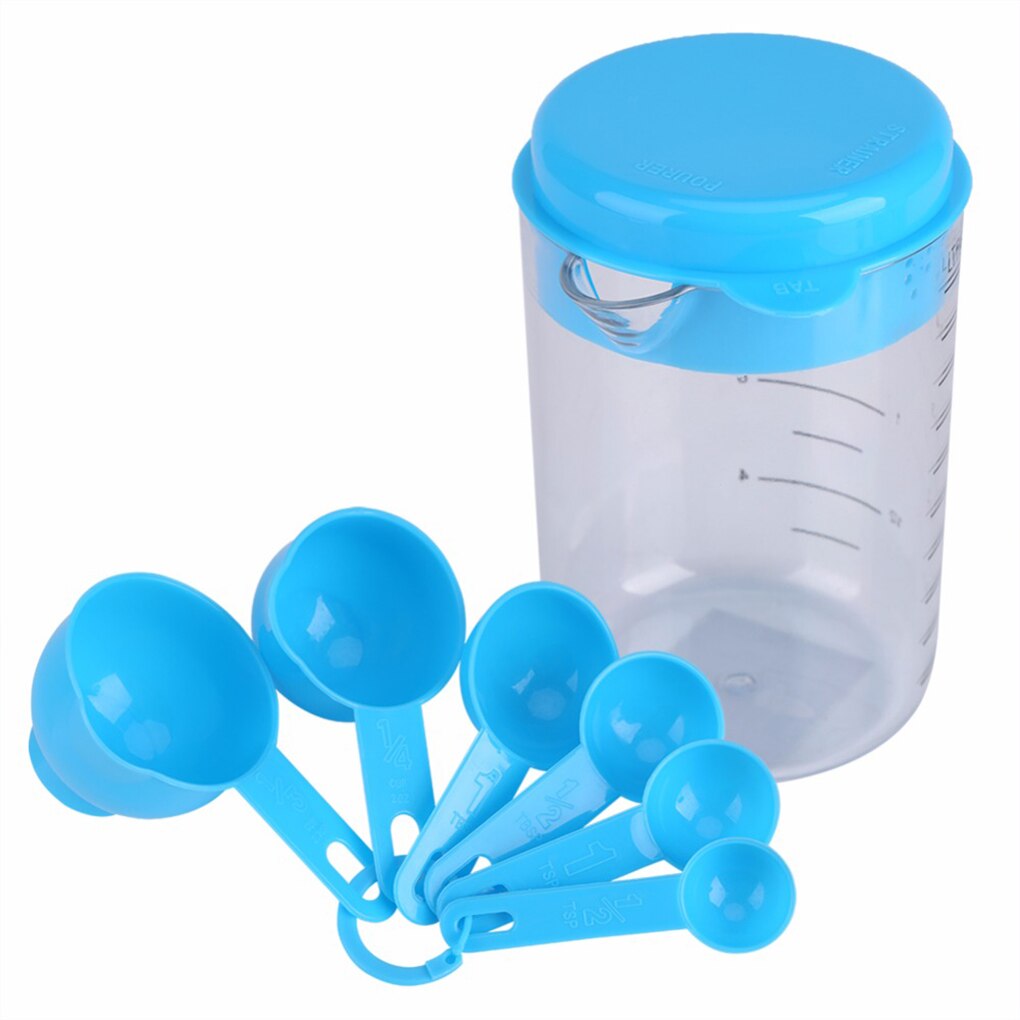 7 Pcs 2 Kleur Plastic Maatbekers En Maatlepel Scoop Handvat Keuken Meten Tool Voor Keuken Bakken Koffie: Blauw