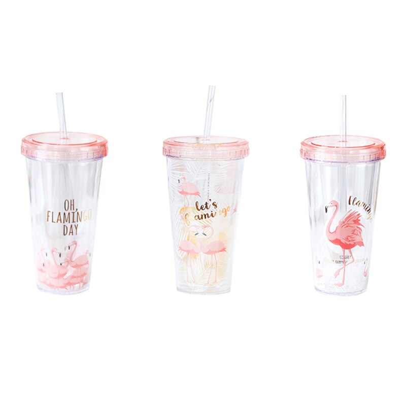 500ml flamingo plast resor te kaffe mugg halm kopp tubuli med lock söt tecknad dricka dubbel vägg för mjölk juice vatten