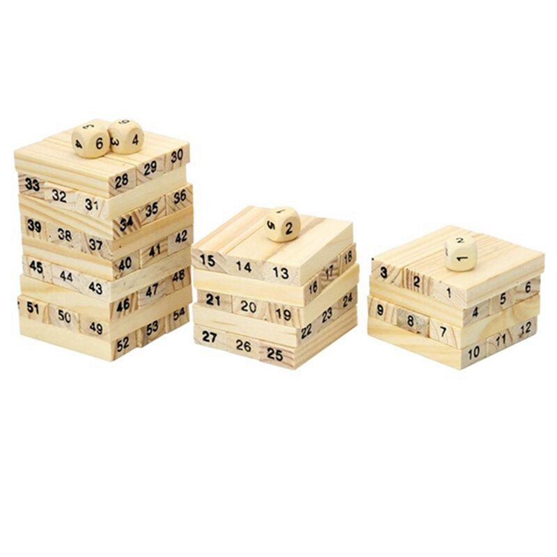 Juego de apilamiento de bloques de madera de 54 piezas con números y dados
