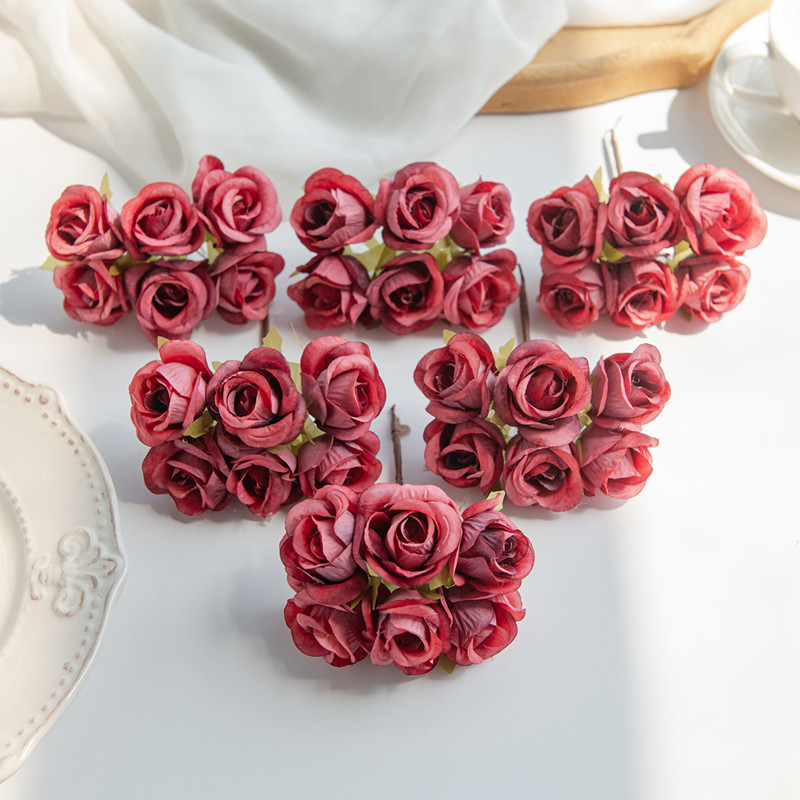 6 unidades de flores artificiales de seda rosa, , guirnaldas navideñas para el hogar, boda, ramo de novias, arco de jardín, decoración de pared, caja de de bricolaje: Rojo rosado