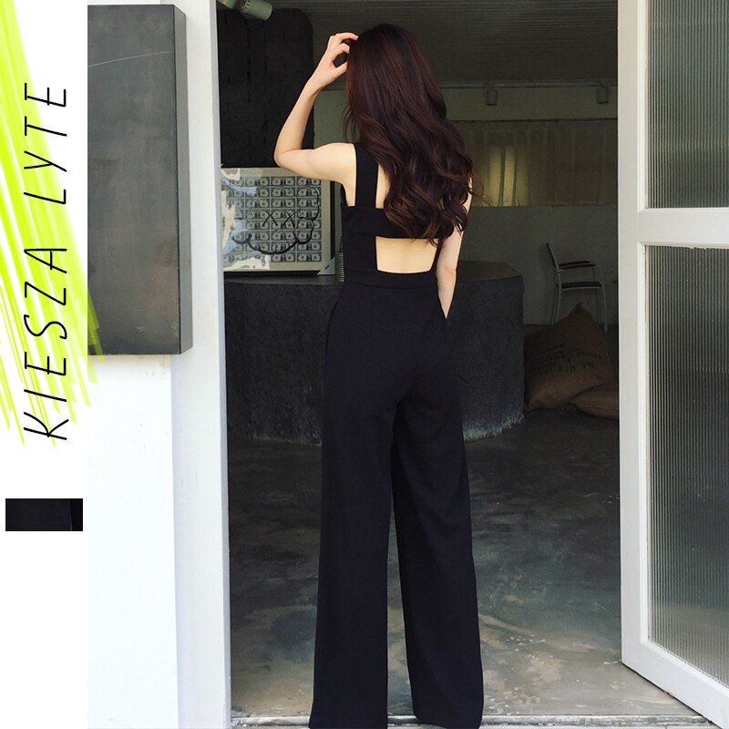 Vår sommar kvinnor svart jumpsuit hög midja öppen rygg baggy långa breda ben jumpsuits casual romper streetwear