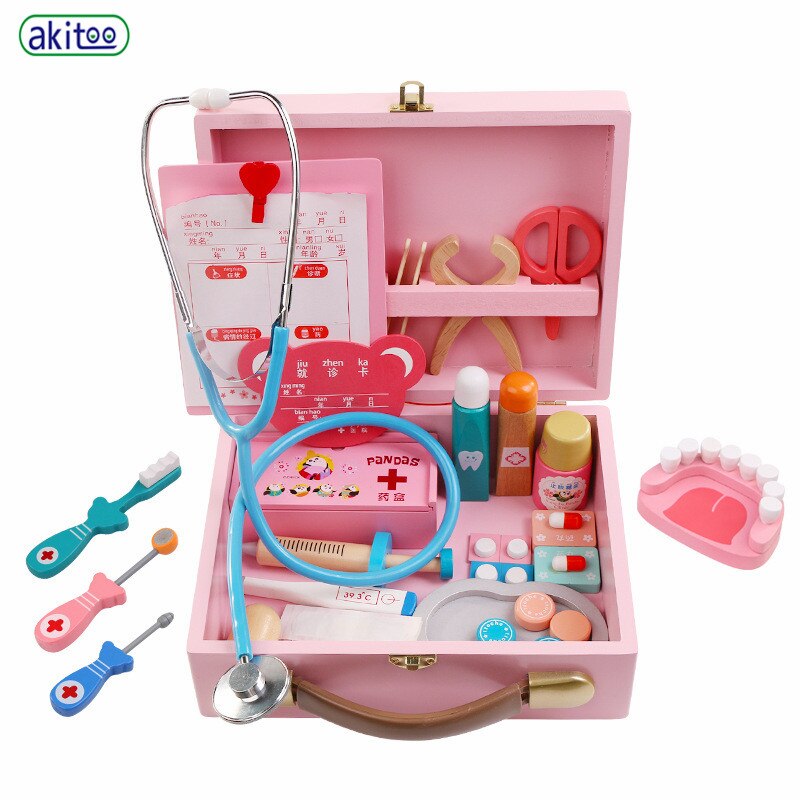 Akitoo blå rosa medicinlåda stort trä barn lekhus läkare leksak lek sjuksköterska service rollspel droppställ  #3203