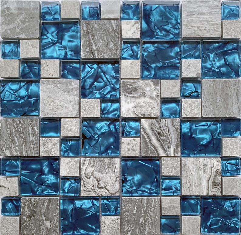 Gray Marble Stone Mix Blue Glass Mosaic Kitchen Backsplash Tile Bathroom Wall Tiles SGMT026A