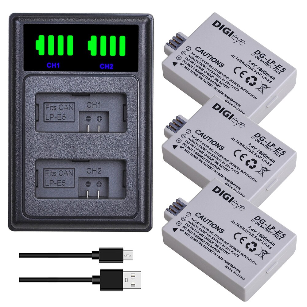 Batería LP-E5 LP E5 de 1800mAh, cargador Dual LED para Canon EOS Rebel XS, Rebel T1i, Rebel XSi, 1000D, 500D, 450D,Kiss X3,X2,F: 3battery set