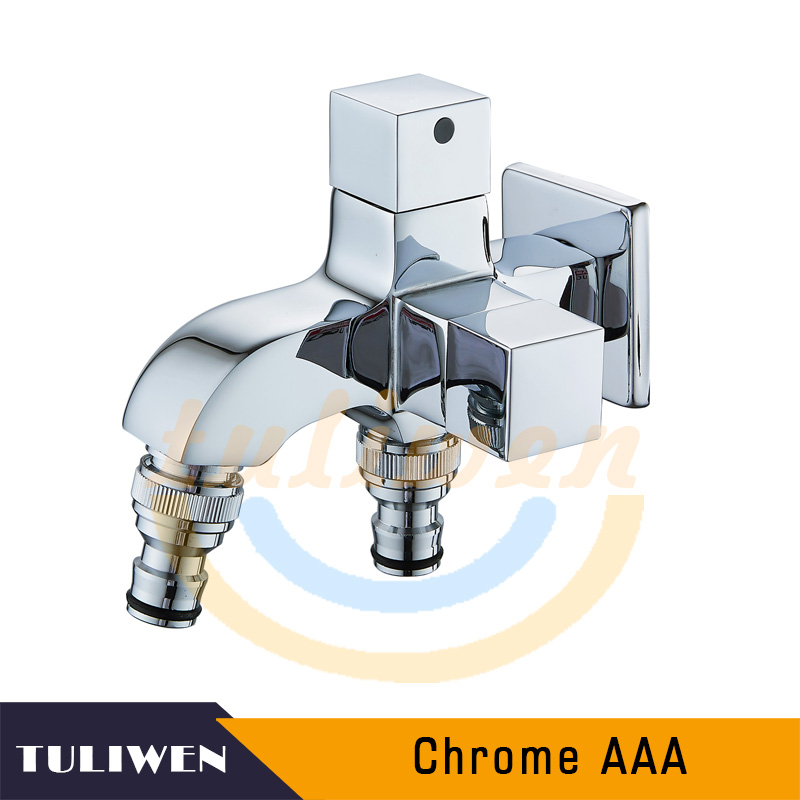 Dual Handle Switch Double Spout Outlet Washing Machine Faucet Brass Hose Faucet Outdoor Garden Cold Water Tap Chrome Gold Black: Chrome AAA