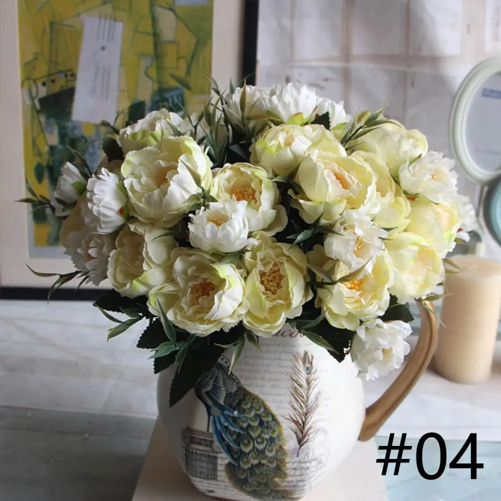5 cores grupo europeu flor artificial 6 cabeças peônia falsa natal noiva casamento pequena peônia flores de seda casa decorativa: BRANCO