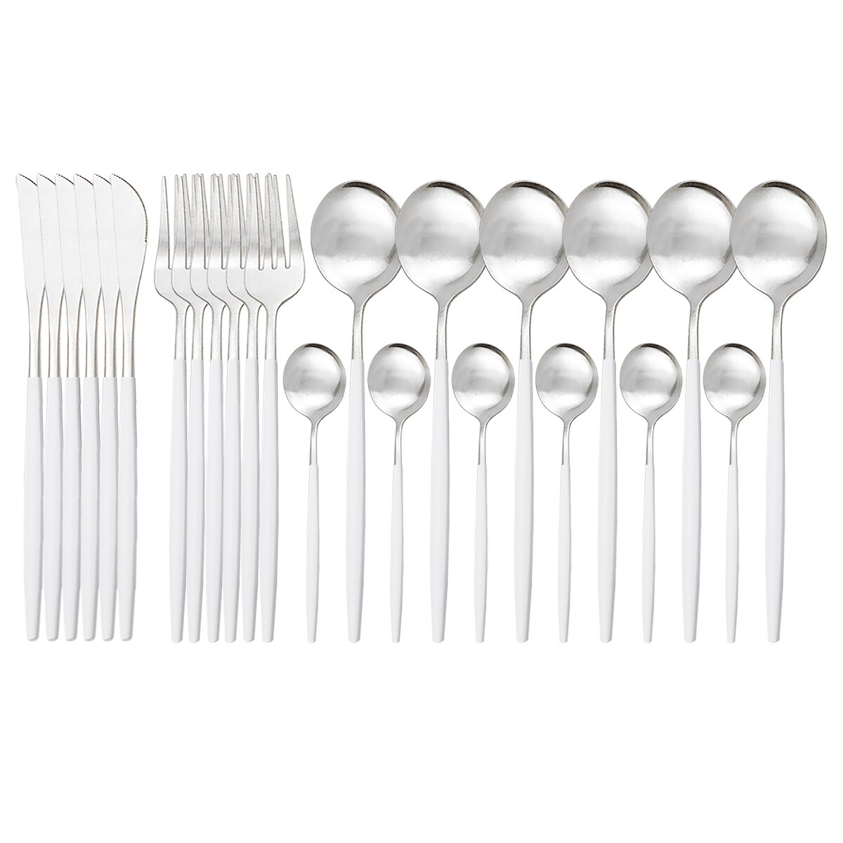 Couverts en or noir mat de 24 pièces | Service de vaisselle en acier inoxydable 304 fourchette cuillère en argenterie, service de couverts de cuisine: 24Pcs White Silver