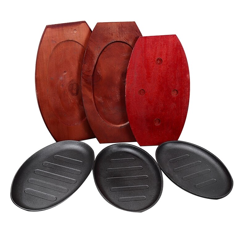 Kitchen Tools Dinner Plate Steak Sizzle Plate Cast Iron Sizzling Platter Serving Plate Wooden Base + Handle