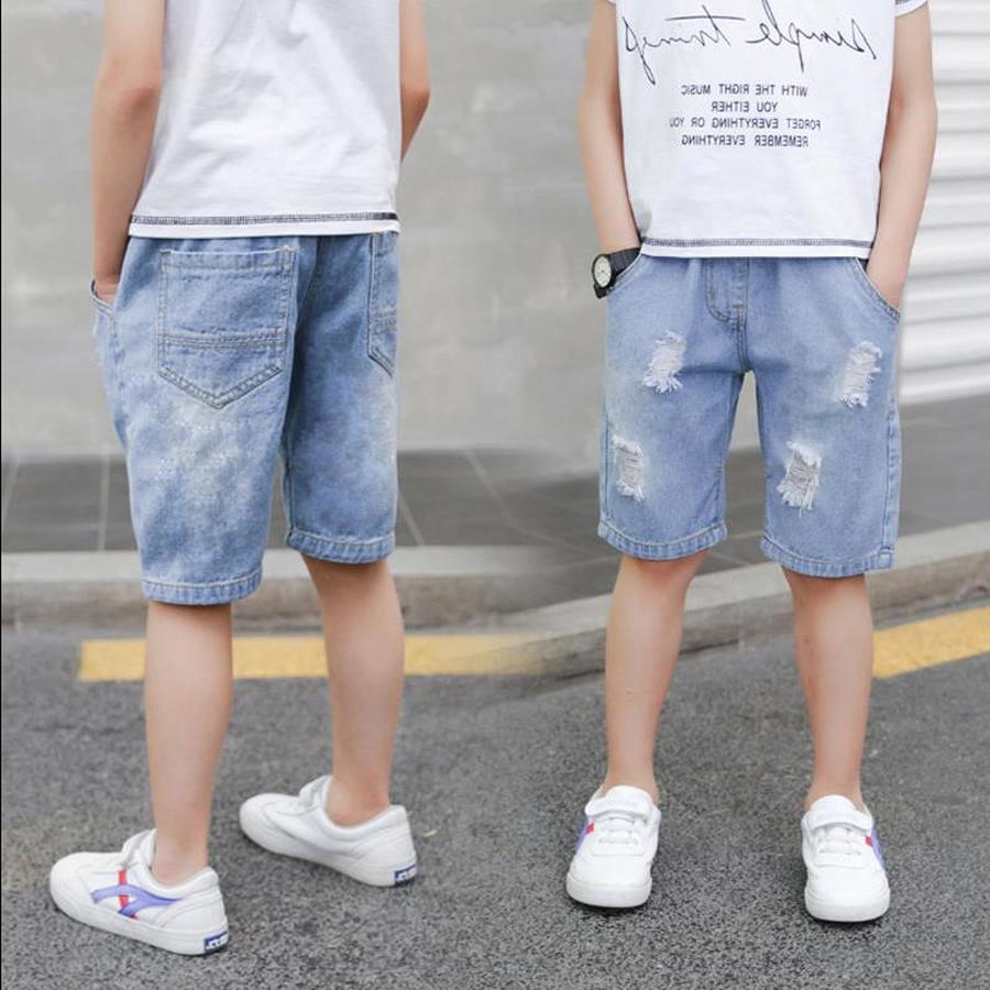 Pantalones cortos de mezclilla para niño, pantalón vaquero rasgado de verano, informal, azul claro, sólido, 110-160cm