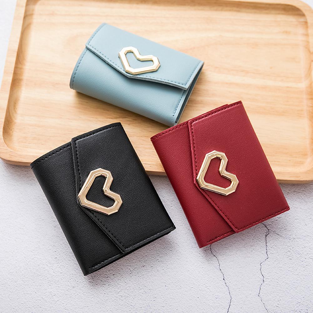 PinShang Women Short Wallet Heart 3-folds Candy Color PU Leather Magnetic Buckle Square Purse