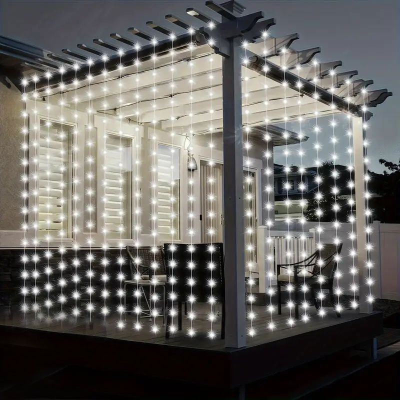 Cortina de luces LED solares de 6M/3M, 8 modos de iluminación, guirnaldas de luces para exteriores, cenador para de boda, decoración de jardín, iluminación navideña: ROSE / 11-15 W