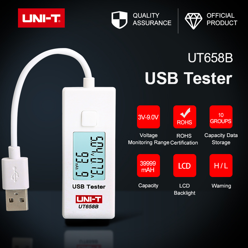 Usb Tester UNI-T UT658 UT658B Mobiele Telefoon Notebook Mobiele Power Veiligheid Monitor 3.0V-9.0V/0.0A-3.0A Lage Waarschuwing Lcd Display