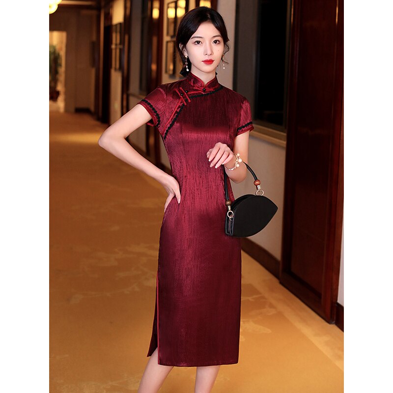 Cheongsam informal con cremallera en la espalda para mujer, vestido ajustado de manga corta con cuello de doble capa, estilo fino, liso, china, ropa de calle