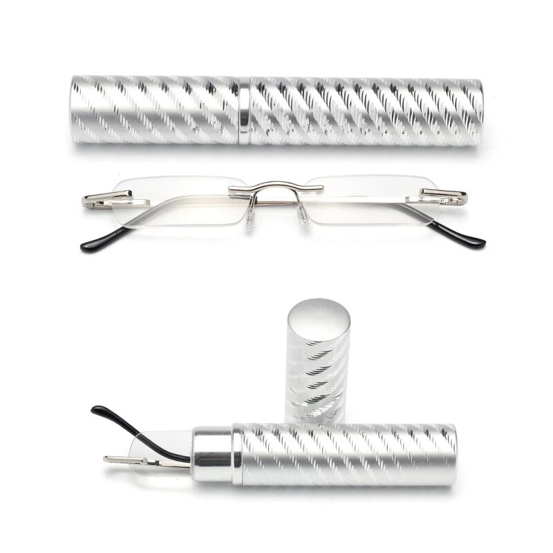 Kan Bloem Mini Draagbare Leesbril Kleine Metalen Randloze Verziend Brillen Met Pen Tube Case Mini Lezen Brillen + 3.5 + 4