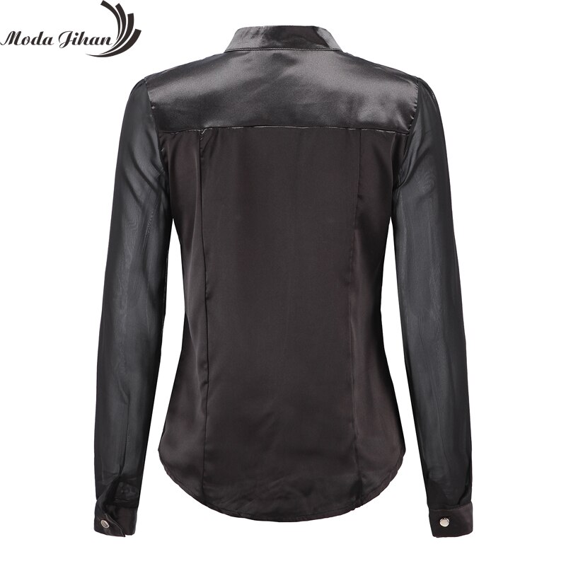 Moda Jihan Vrouwen Blouses Wit Zwart Lange mouw Chiffon Splice Satijn Office Tops Slanke Stijl V-hals Vrouwelijke