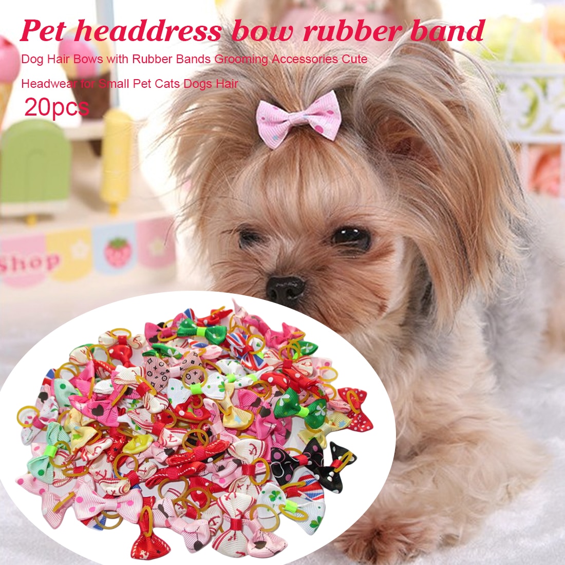 Mix Colors 20Pcs Cute Ribbon Pet Grooming Accessories Handmade Small Dog Cat Hair Bows With Elastic Rubber Band